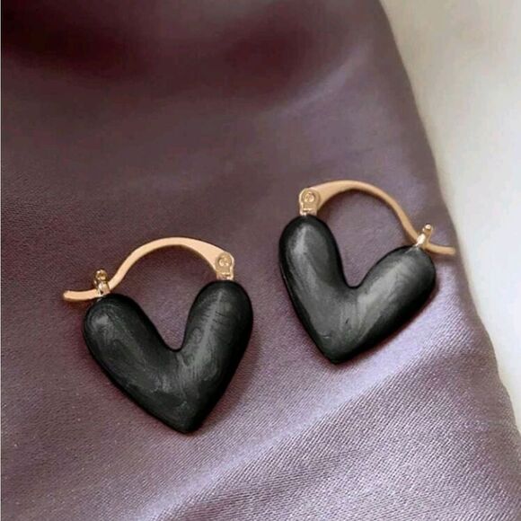3 For 26 -  Black Heart Dangle Hoop Earrings - Picture 2 of 5